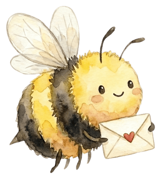 A watercolor bumble bee carrying a little love letter
